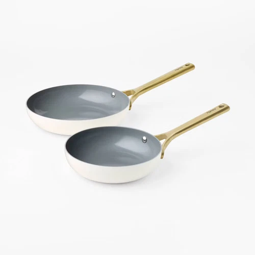 2pk Nonstick Ceramic Coated Aluminum Frying Pan Set with Champagne Handles Cream