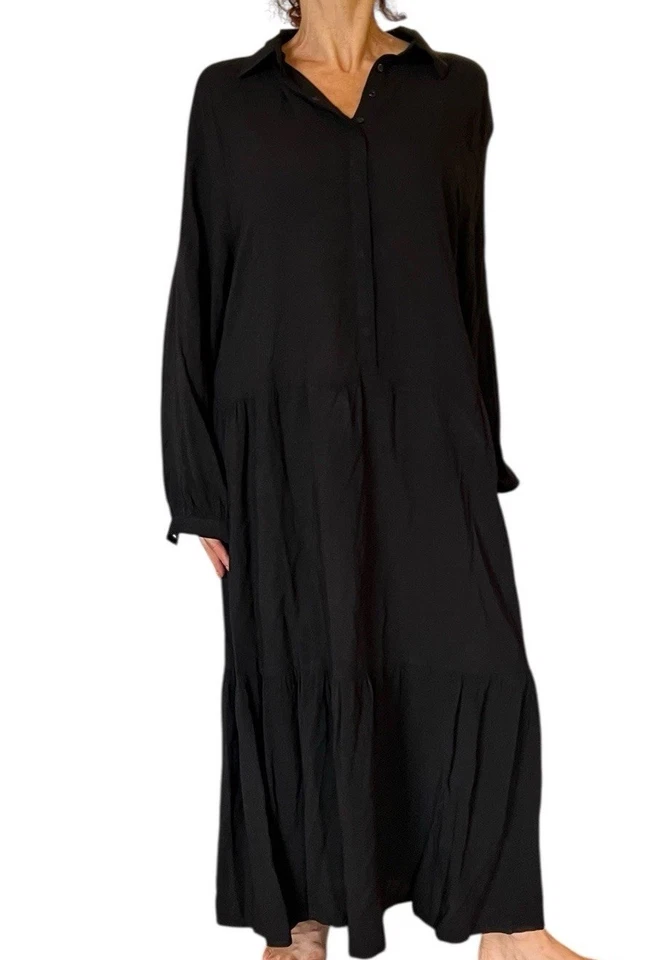 H&M Black Collared Long Midi Maxi Shirt Dress Minimalist Modest Viscose Tiered L - Image 2 of 4