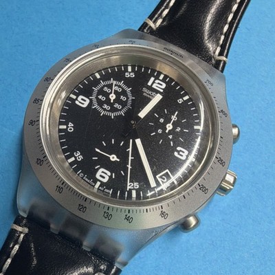 Swatch Irony Diaphane Chronograph Men's Black Dial Leather Wristwatch w/ Box