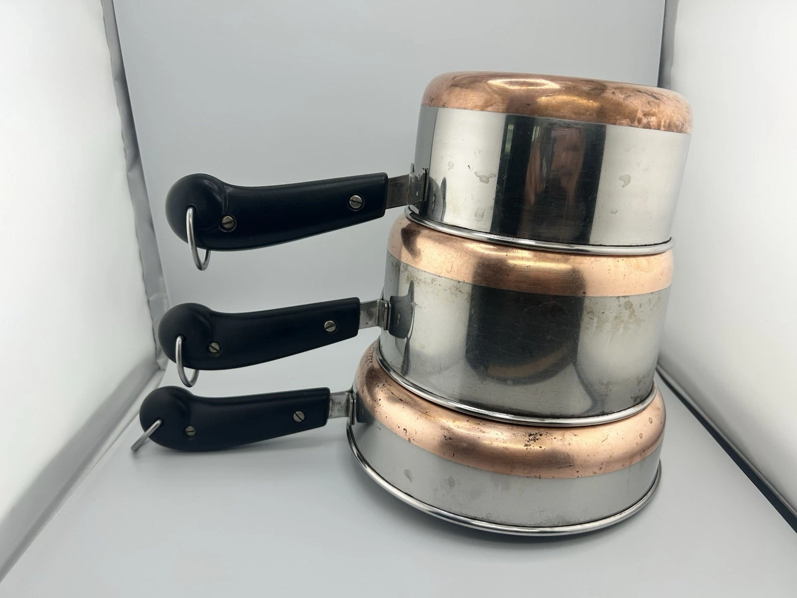 Vintage 3 Pc Set Revere Ware 1801 Stainless W/Copper Clad Saucepan/ Sauté 3 Ply