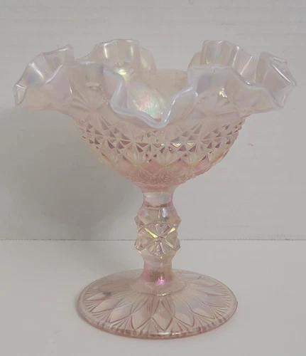 Vintage Fenton Pink Opalescent Ruffled Crimped Edge Compote 5-5/8" Tall