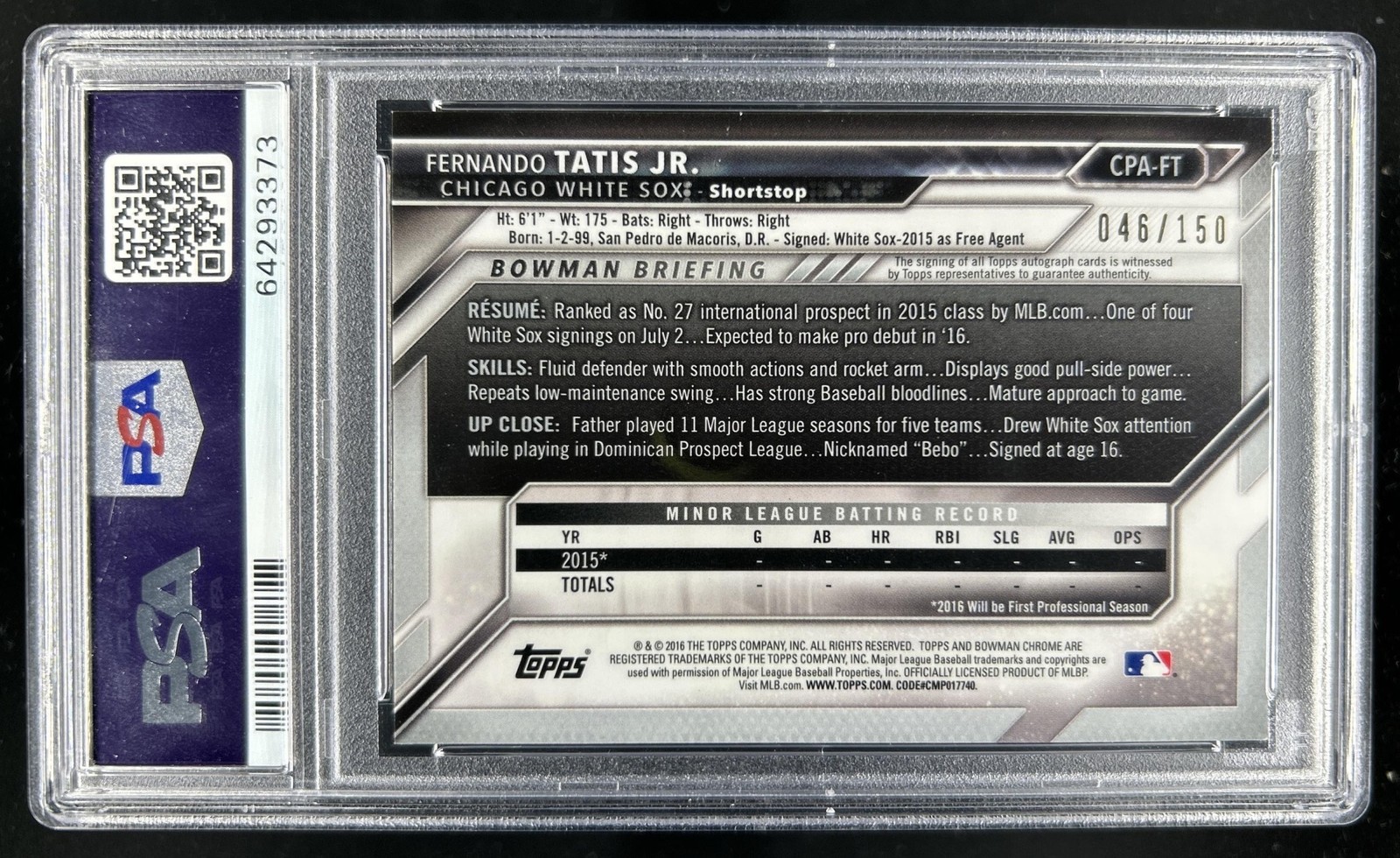 2016 Bowman Chrome Fernando Tatis Jr Prospect Auto Blue Refractor #/150 PSA 9 10 view 2