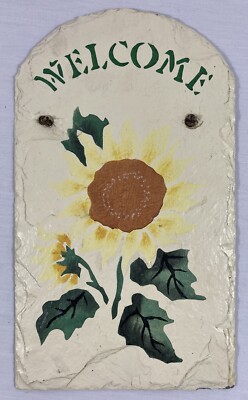 Hand Painted Sunflower Slate Welcome Sign 14'' High x 8'' Wide w Leather Hanger