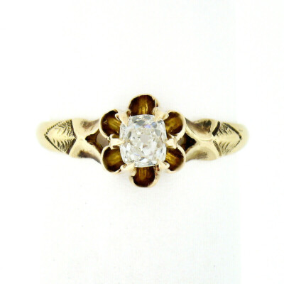 Antique Victorian 10k Gold GIA Old Mine Cushion Diamond Engagement Promise  Ring