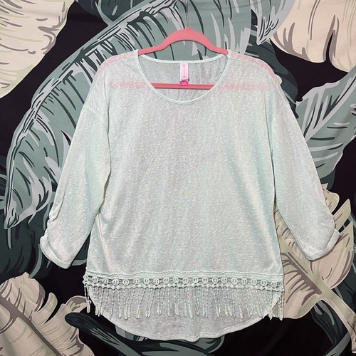 No Boundaries Boho Lightweight Knit Blue 3/4 Sleeve Embroidered Fringe Top XL