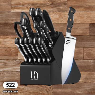 KnifeSaga Kitchen Knife Block Set Premium 15 pc Black Japanese High Carbon
