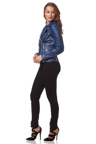 Damen Echt Leder Jacke Blau Designer Motorrad Lammfell Biker Style 9334 - Bild 9 von 10