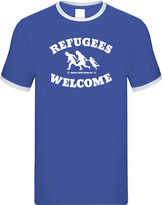 REFUGEES WELCOME Ringer T-Shirt, royalblau, Druck weiß