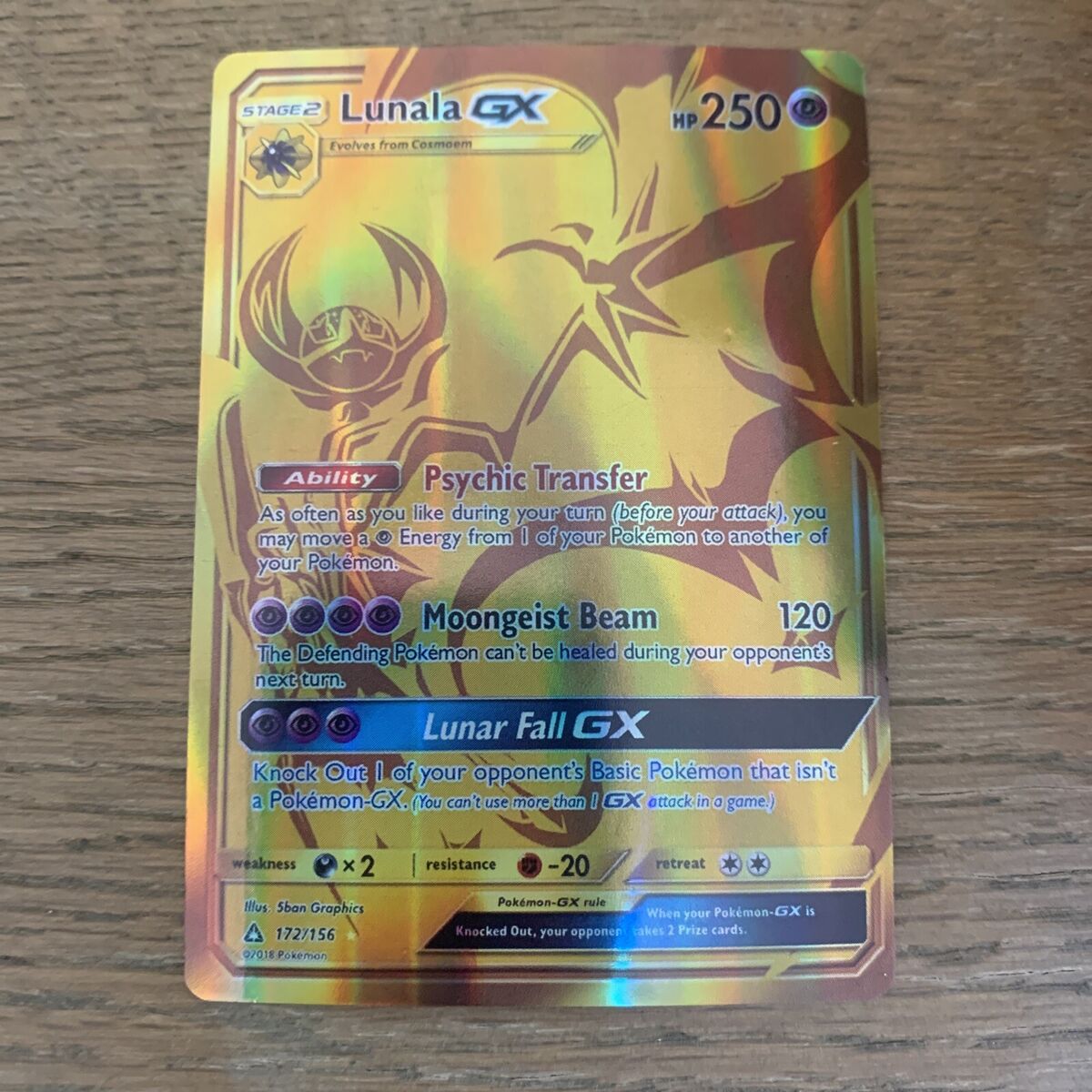 Pokemon Ultra Prism Gold Lunala GX 172/156 Secret Rare