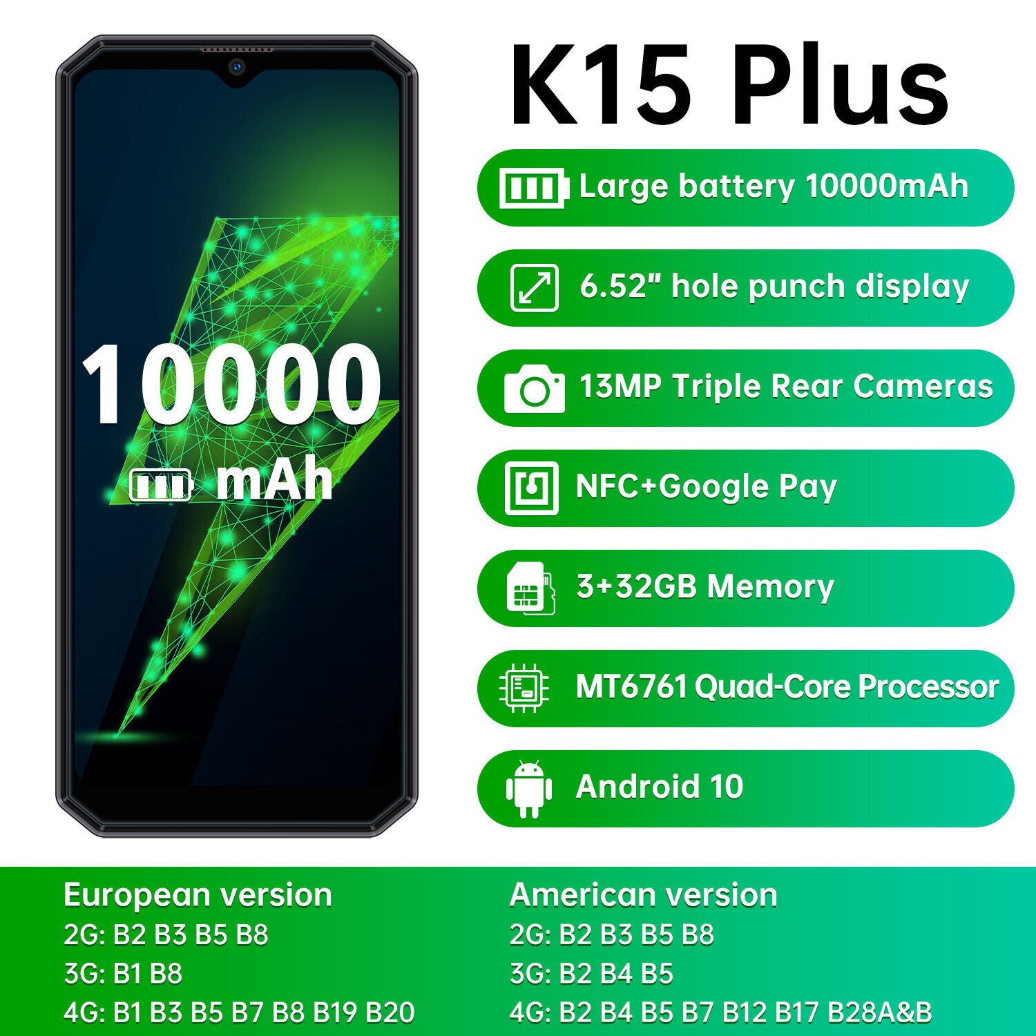 Vernederen privacy Bont Oukitel K15 Plus 10000mAh NFC 4G SmartPhone 6.52" 3GB+32GB Android 10  13MP+5MP | eBay