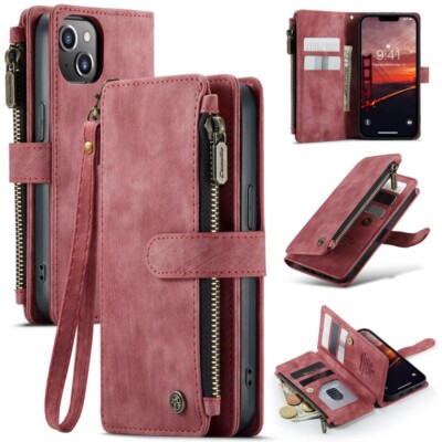 For iPhone 16 16e 15 14 13 12 Pro Max XR X 8 Plus Zip Leather Wallet Case Cover