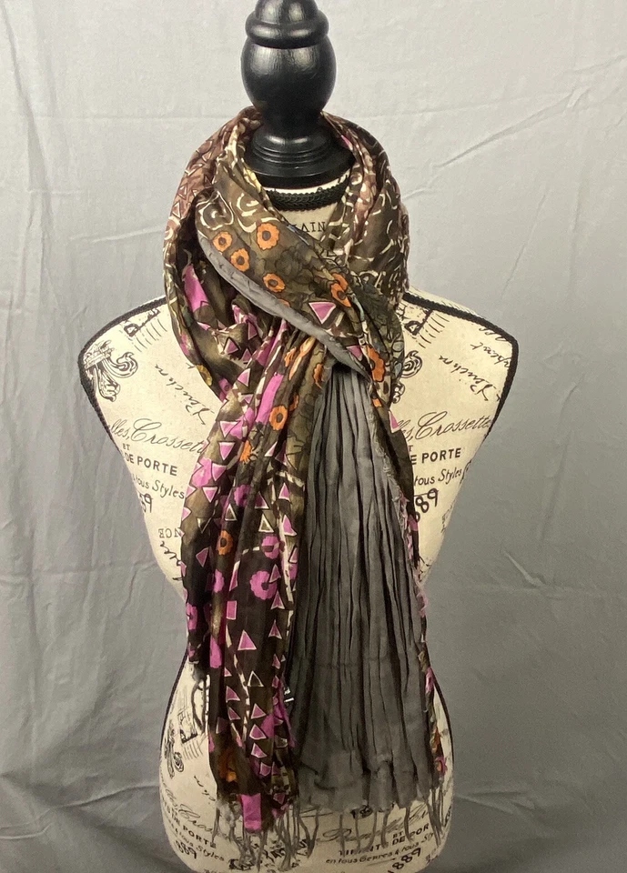 Womens boho Silk blend Scarf Wrap print  sacred thread fringe 72x13" - Image 4 of 4