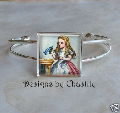 Alice in Wonderland Bracelet Cuff Glass Art Charm Drink Me Vintage John Tenniel