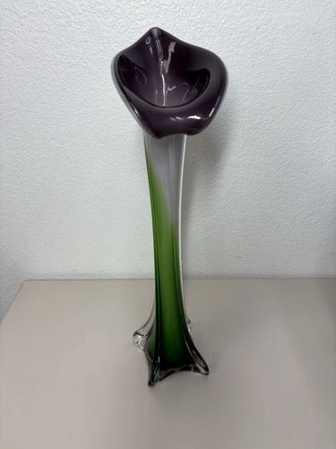 Murano Style Calla Lily Jack In the Pulpit Vase Art Glass PURPLE 15" Vintage
