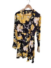 River Island Black Yellow Floral Wrap Dress UK 12 Long Sleeve Mini Tea Dress