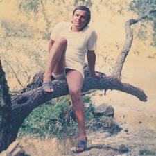 Handsome Young Man Sitting On Tree Open Leg Pose Summer Vintage Photo Gay Int