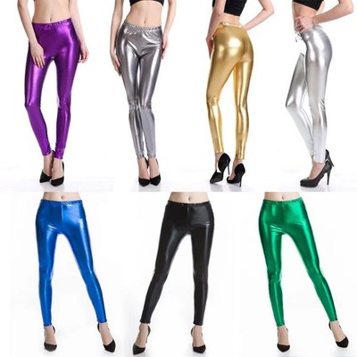 Women Shiny Cropped Pants Elastic Dancing Slim Leggings