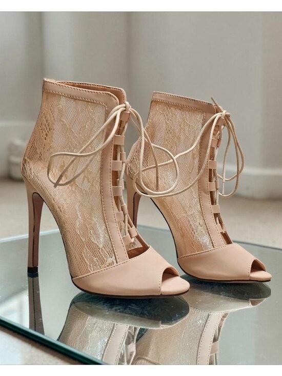 Peep Toe Lace-Up Stiletto Booties With Sheer Lace Panels Nude Beige High Heel An - Thumbnail 7