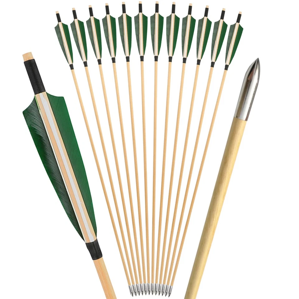 32" Archery Wooden Arrows 5" Feather Field Tips Traditional Bow Longbow Hunting - Image 3 of 4
