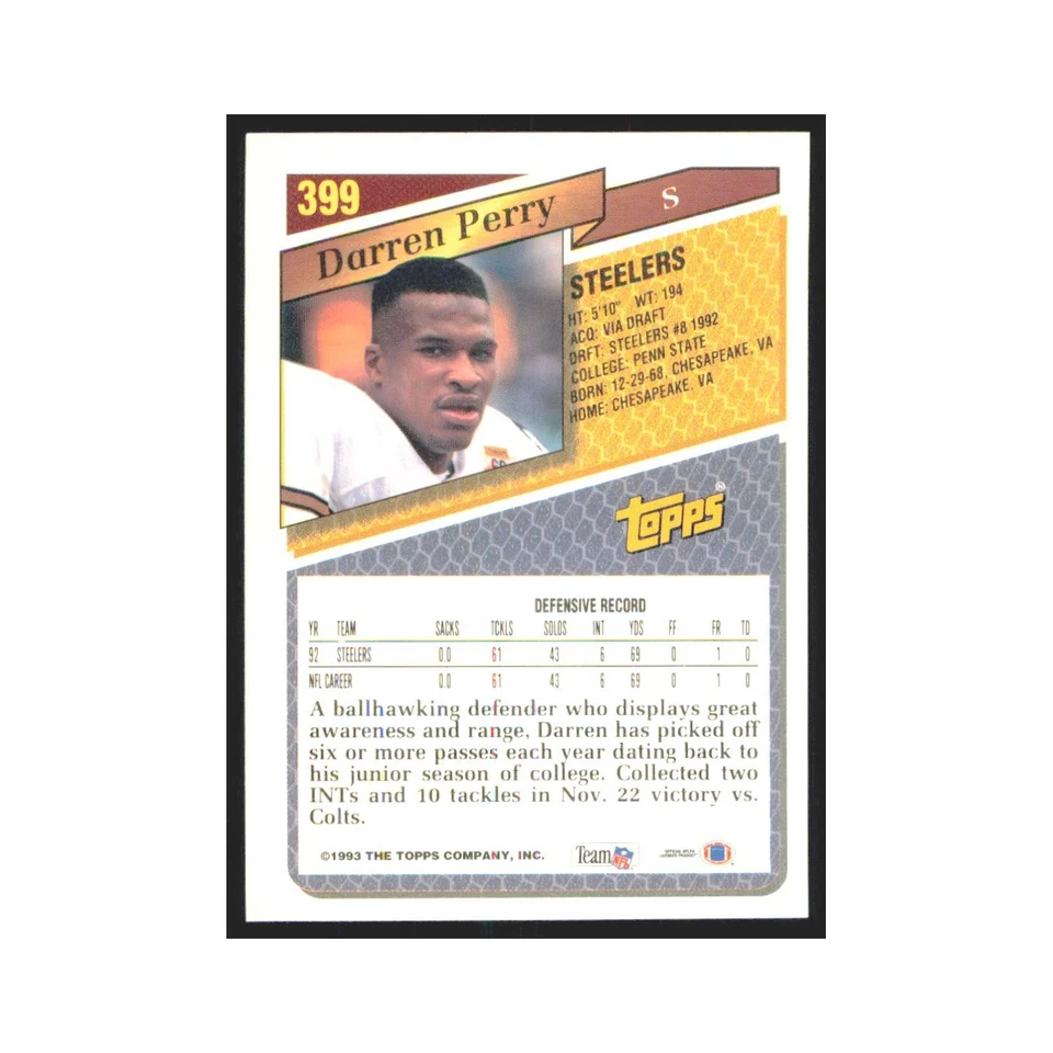 1993 Topps Gold Darren Perry Steelers #399 - Image 2 of 3
