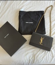 Saint Laurent YSL Monogram Black Chain Wallet, Gold Logo, Folding, Women