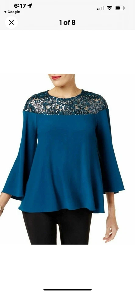 Blusa Top Alfani Para Mujer Azul Mangas Campana Yugo Lentejuelas XL NUEVO SIN ETIQUETAS PRECIO DE VENTA SUGERIDO POR EL FABRICANTE 89 USD Foto 2 de 4