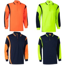 HI VIS Long Sleeve Workwear Polo Shirt Cool Dry Reflective Safety w Chest Pocket
