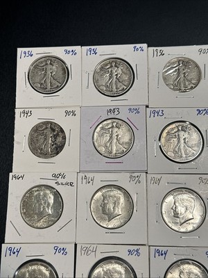 $30 FV 90% Silver Half Dollar Lot Walking Liberty & 1964 Kennedy