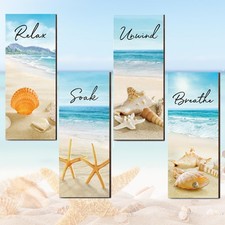 4 Pcs Ocean Beach Wood Relax Soak Unwind Breathe Wall Art Sign Bathroo Decor