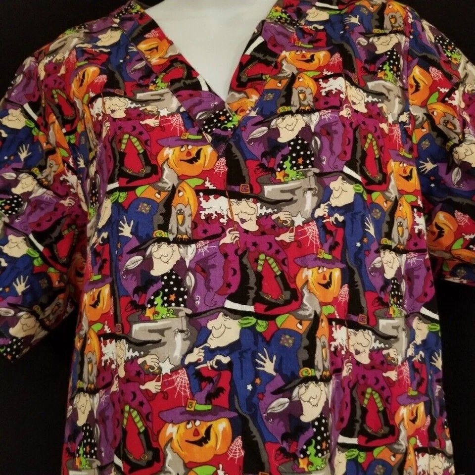 Tafford Uniforms Scrub Top Halloween Womens M Witches Pumpkins - Image 2 of 4