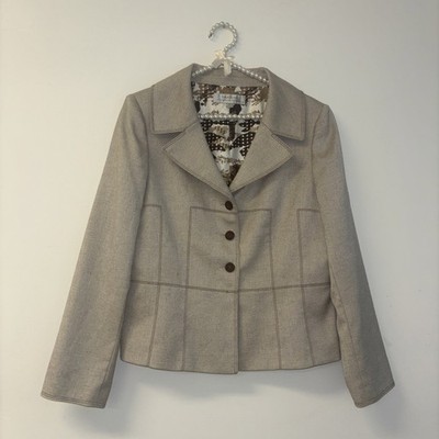 Tahari Arthur S Levine Beige Textured Blazer Jacket Size 12 Contrast Stitching