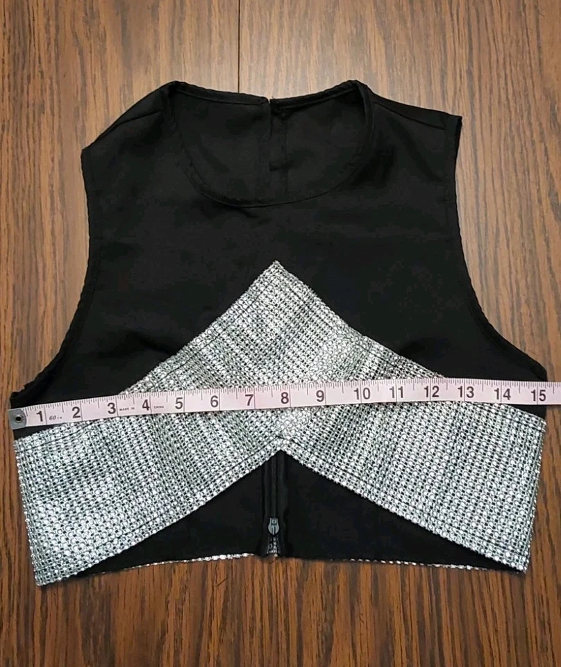 Mujeres M Negro Plateado Metálico Chaleco Corto Top Sin Mangas Ropa de Club Festival Foto 3 de 4