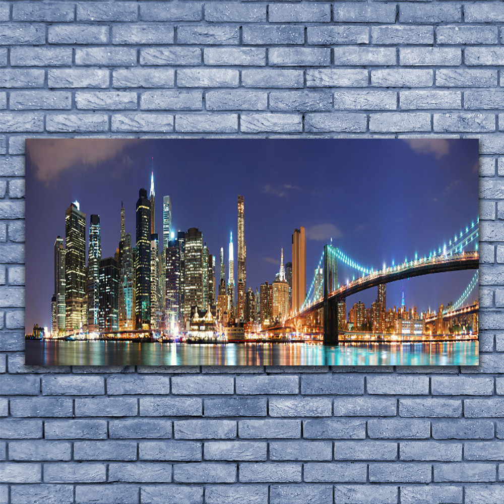 Tableau plexiglas 140x70 pont de ville pour agrandir un salon moderne