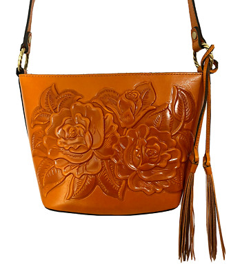 PATRICIA NASH VOLETTA SUN YELLLOW ROSE TOOLED LEATHER TOP ZIP CROSSBODY - NWT
