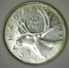 1944 Canada Silver Twenty Five Cents AU 25c Canadian Quarter Almost Uncirculated