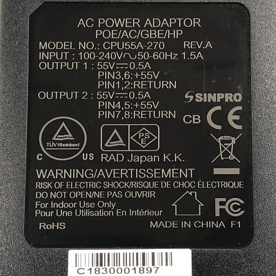 Sinpro CPU55A-270-1 Dual Output 55V 0.5A POE/AC/GBE/HP PEO AC Power - Foto 8
