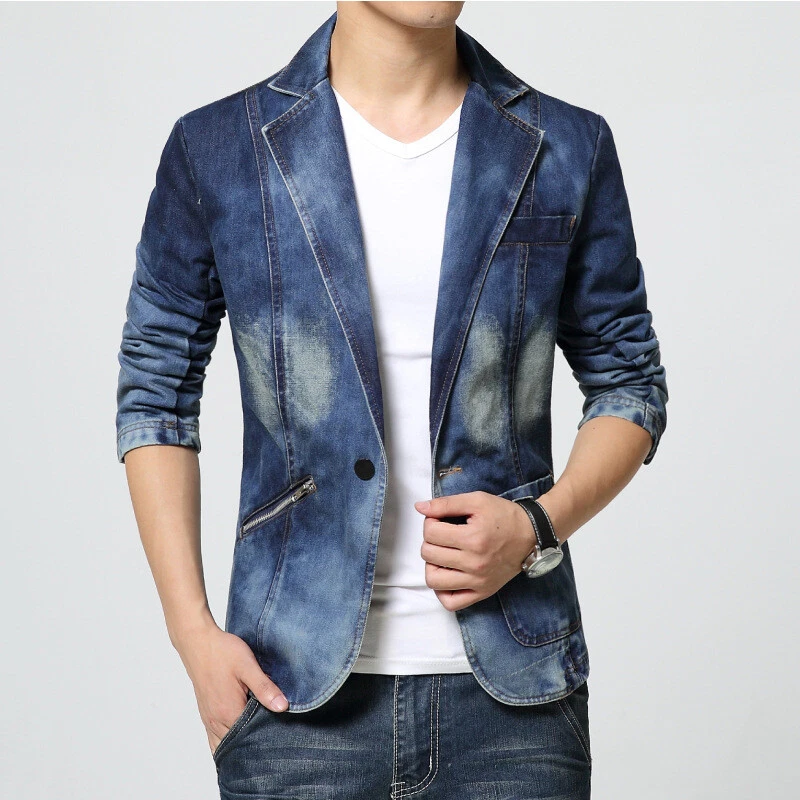 Men Denim Blazer Coat Lapel One Button Slim Fit Jean Jacket Outwear Casual M-4XL