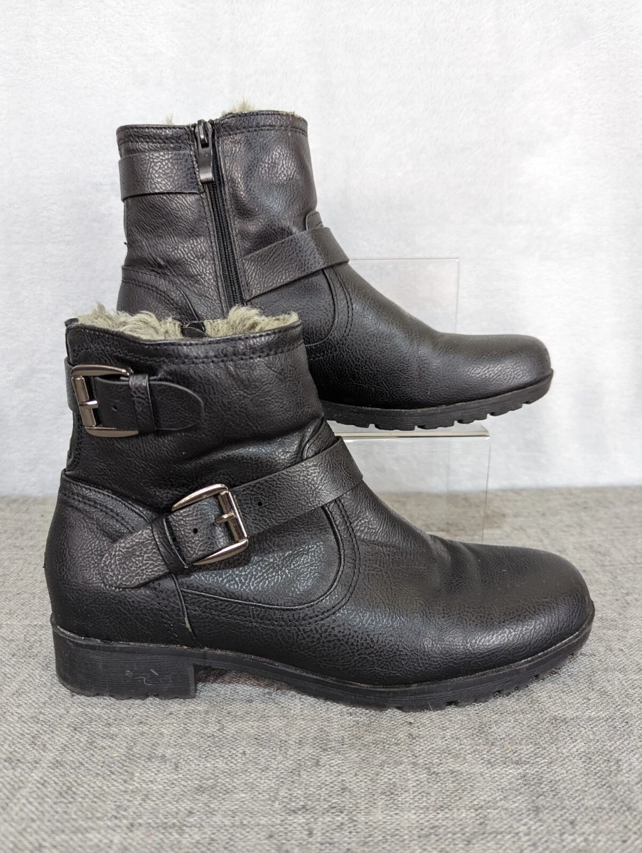 M S Ladies Ankle Boots UK 6 Black Leather Biker Faur Fur Lined Straps Flat