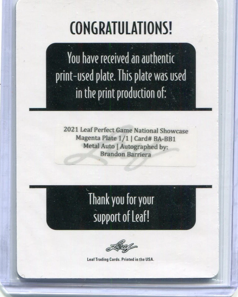 2021 Leaf Perfect Game Showcase Magenta Printing Plate Brandon Barriera Auto 1/1 - Image 2 of 2