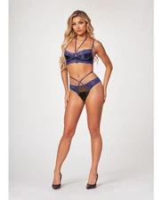 Stretch Satin & Eyelash Lace Demi Cup Bra & Panty Black/Blue