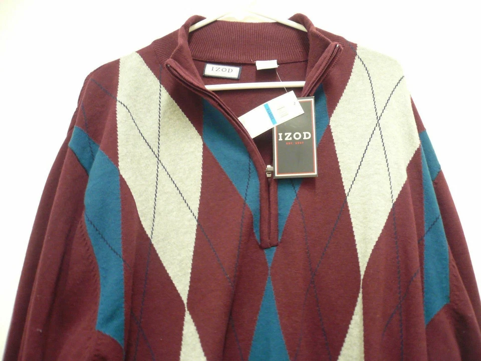 New IZOD Port Royale Mens Size XL 1/2 Zip Marroon Gray Blue Argyle Neck Sweater - Image 3 of 4