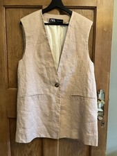 Zara Women's Linen Sleeveless Long Jacket Size Medium Beige Button Up Lined