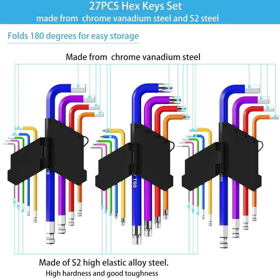 27-Piece Color-Coded Hex Key Set in Chrome Vanadium Steel for DIY Repairs - Image 4 of 4