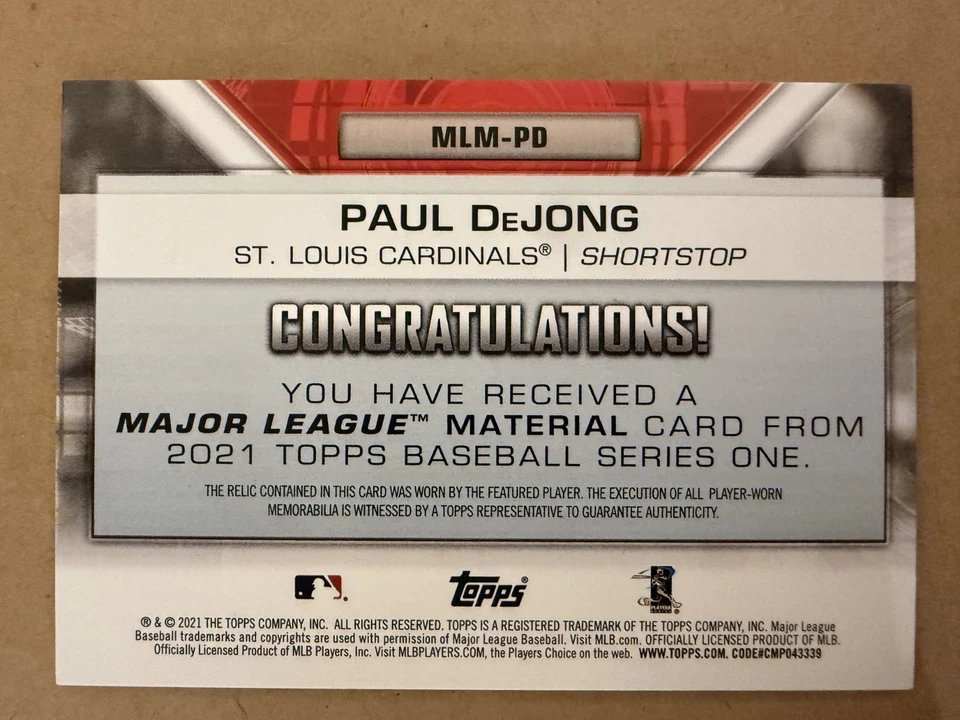 2021 Topps - Major League Materials Paul DeJong #MLM-PD (MEM) - Image 2 of 2