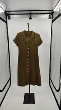 Quince Women 100% European Linen Button Front Dress Basic Sleeved Green L