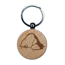 Hand Drawn Rock Stone Boulder Engraved Wood Round Keychain Tag Charm