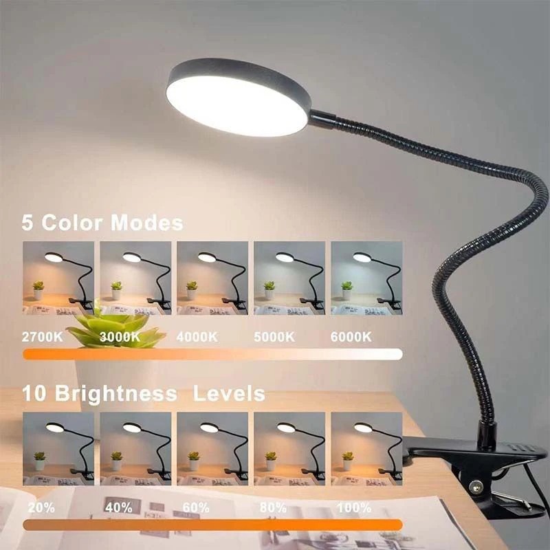 LED Desk Lamp 5V USB Adjustable Clip Light Dimmable 360° Rotation ...
