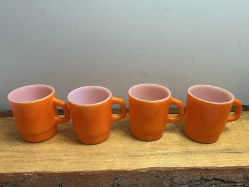 VTG, Fire King, Orange,8 Oz,Stackable Coffee Mugs, “C” Handle.Set Of 4.See Pics