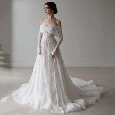 Modern Lace Off Shoulder Wedding Dresses Full Sleeve A Line Church Bridal Gowns