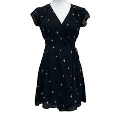 Reformation Black Oyster Star Constellation Cap Sleeve Mini Wrap Dress sz 0